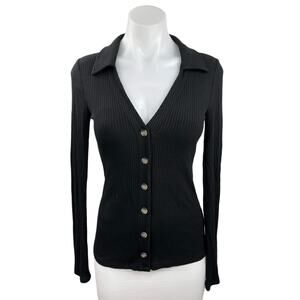 Whimsy + Row Black V Nek Ribbed Knit Collared Long Sleeve Button Up Top Size XS
